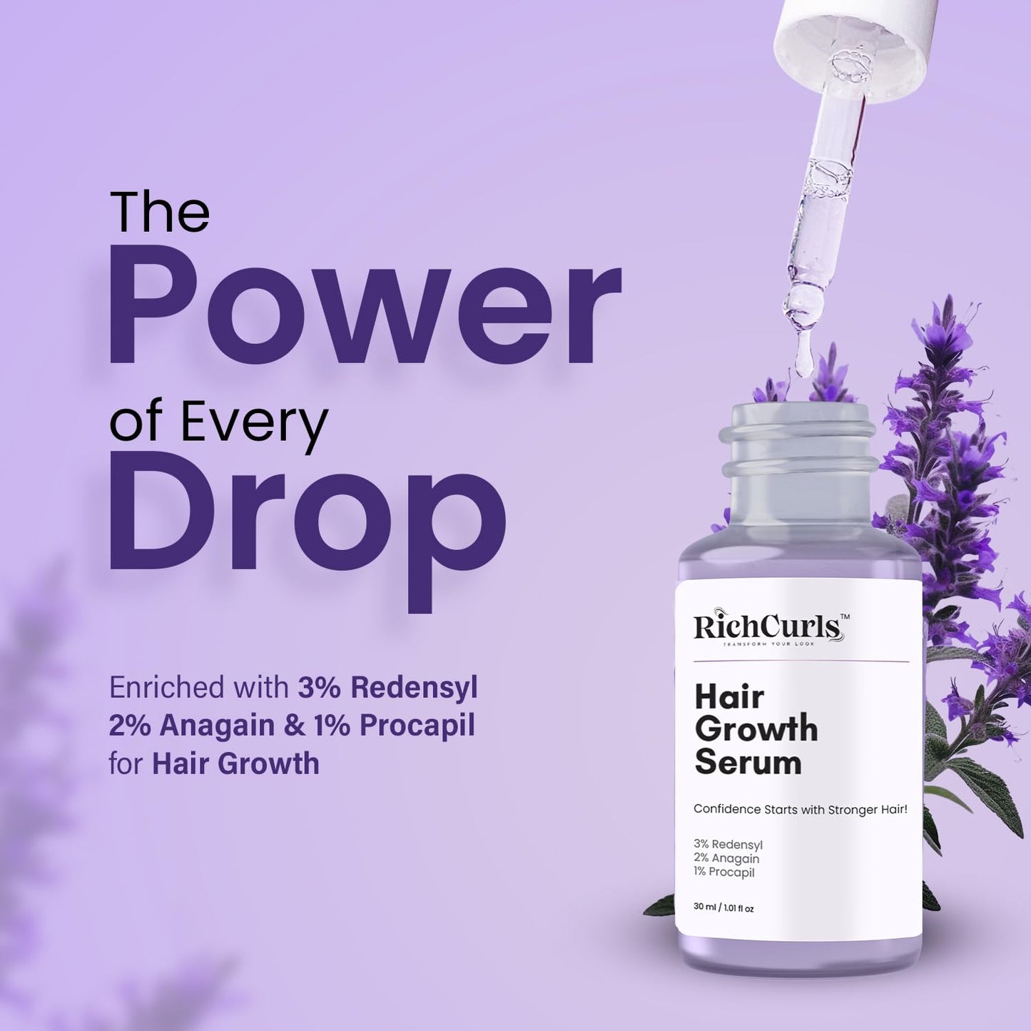 RichCurls Hair Growth Serum 30ml – 3% Redensyl, Caffeine & Rice Extract | Anti-Hair Fall Leave-In for Women & Men